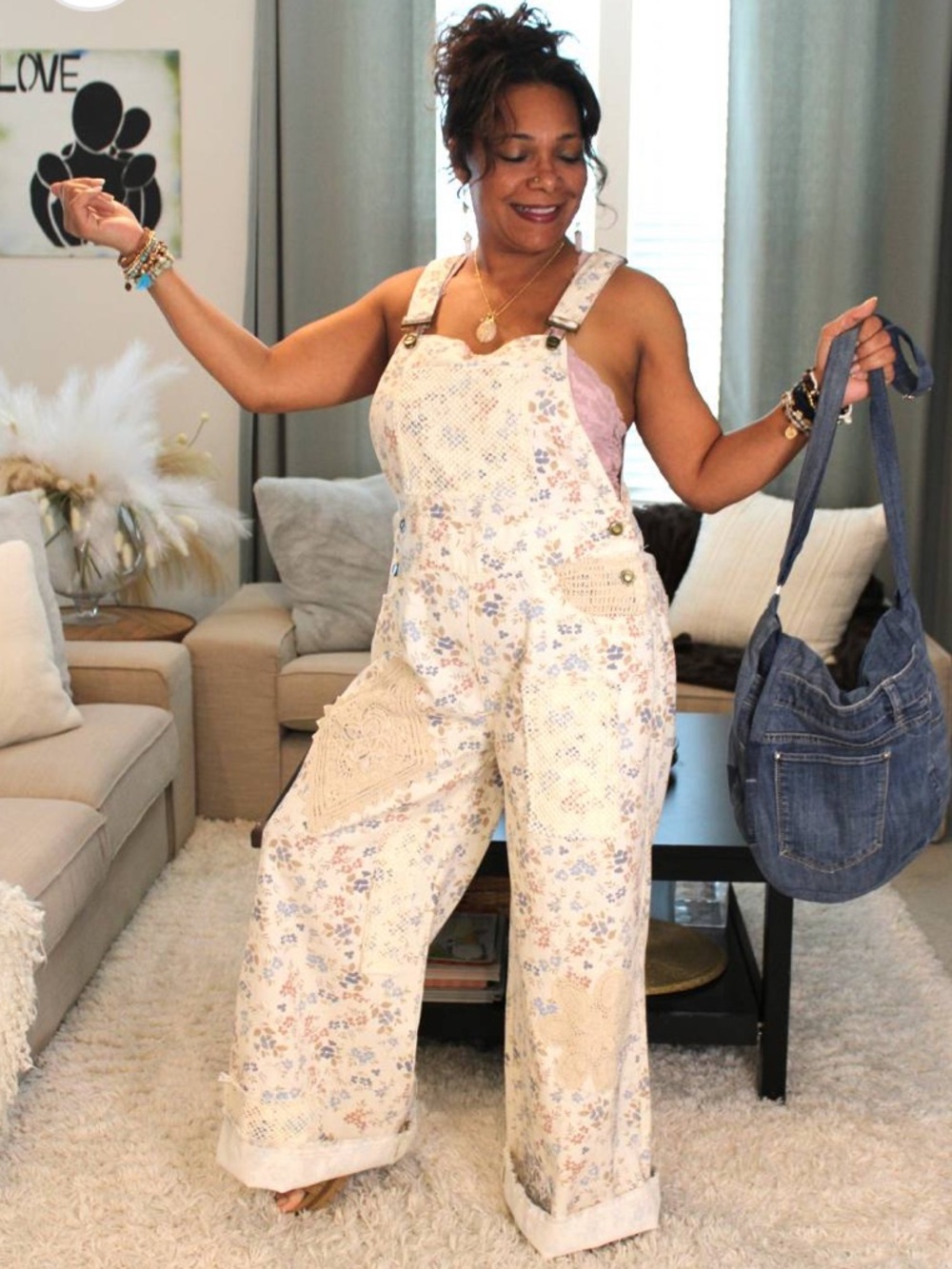 NWT POL Touch of Flowers Crochet Patch Overalls, Cream Floral Patchwork - Picture 7 of 15